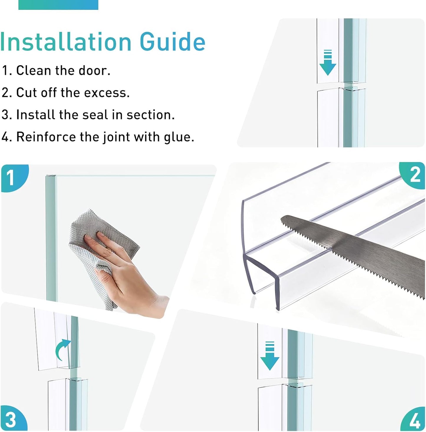 Shower Door Seal | 4 PCS 3/8" x 77" Frameless Glass Door Side Seal and Bottom Seal Door Sweep, Stop Shower Leaks Create a Water Barrier