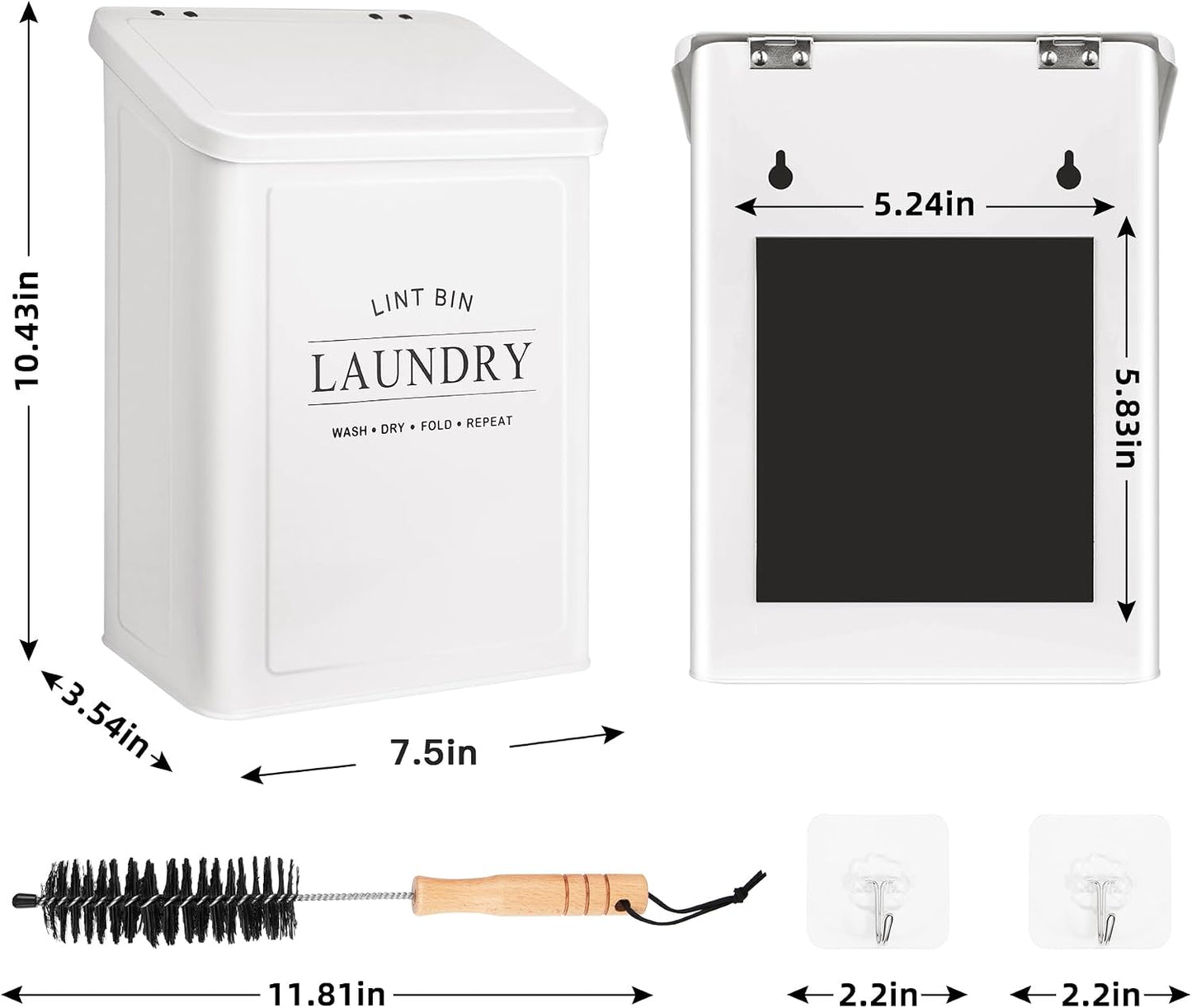 Magnetic Lint Bin for Laundry Room, Metal Lint Trash Can with Lid and Brush, Wall Mounted Lint Box for Dryer, Farmhouse Laundry Room Decor, Black