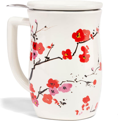 Tea Forte Ceramic Fiore Tea Cup with Infuser, Blue Agave, 14 oz | Insulated Ceramic - Stainless Steel Loose Leaf Infuser - Keeps Tea Hot Longer - Lid Included - Microwave & Dishwasher Safe