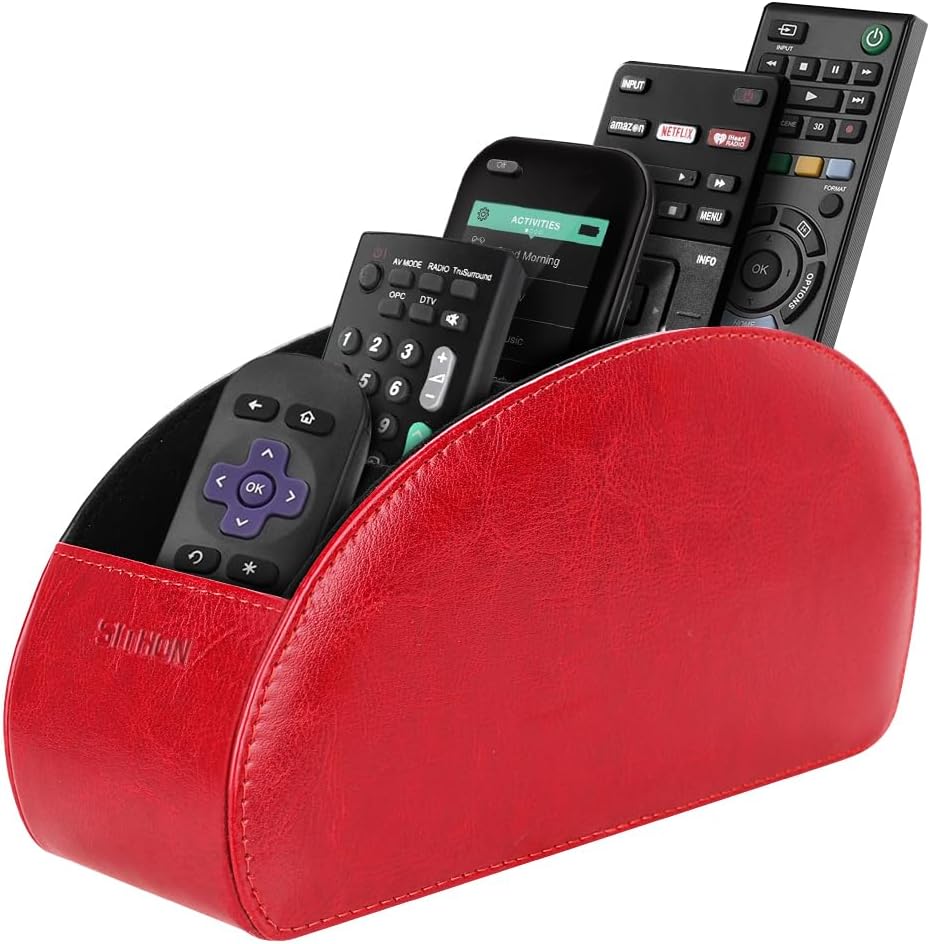 SITHON Remote Control Holder with 5 Compartments | PU Leather Remote Caddy Desktop Organizer Store TV, DVD, Blu-Ray, Media Player, Heater Controllers, Stripe Black