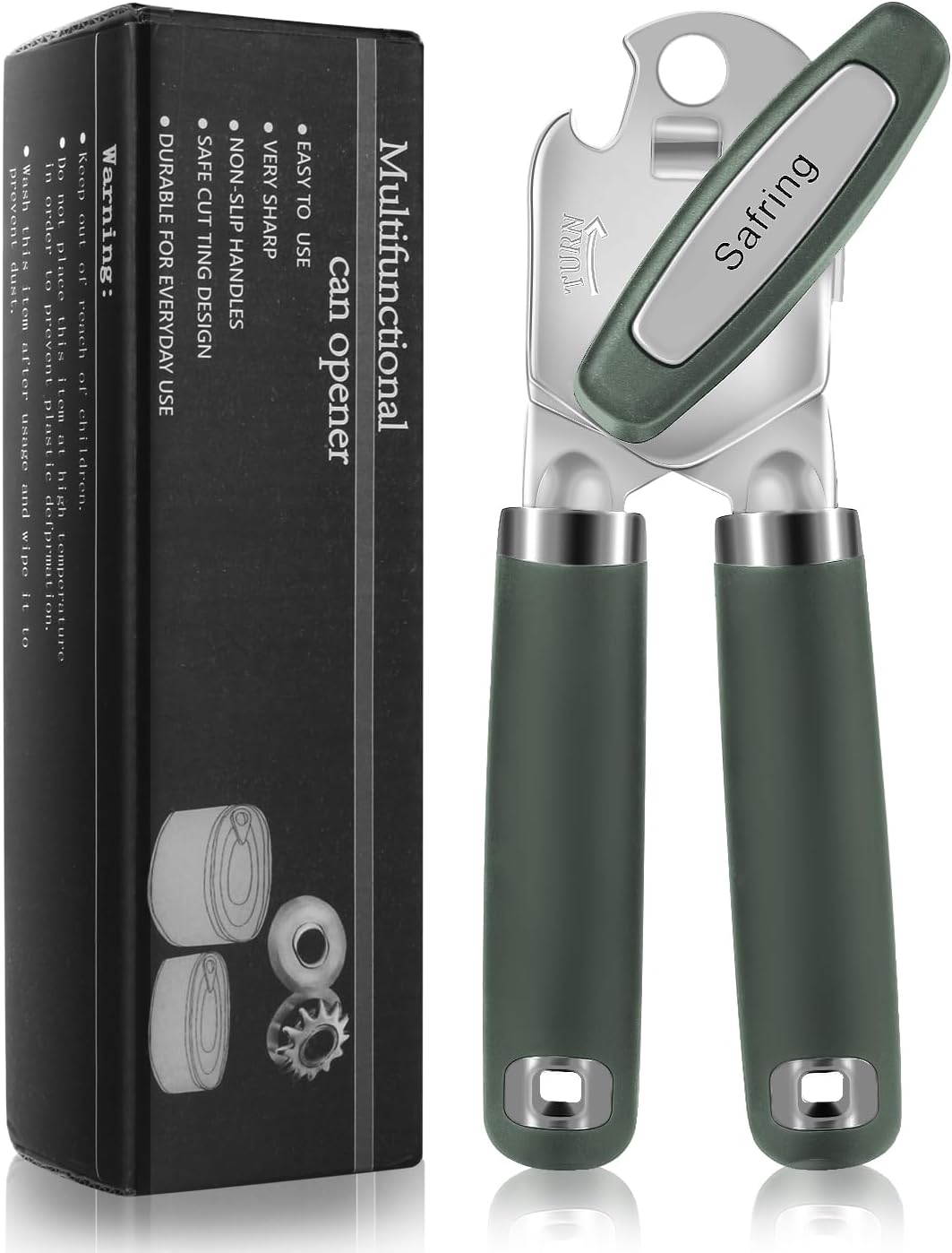 Safring Can Opener Manual, Heavy Duty Handheld Strong Can Opener with Soft Touch Handle, Sharp Blade Smooth Edge, Can Openers with Multifunctional Bottle Opener, Black