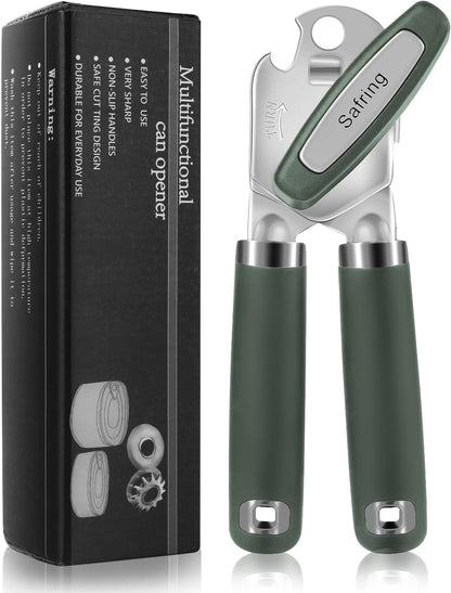 Safring Can Opener Manual, Heavy Duty Handheld Strong Can Opener with Soft Touch Handle, Sharp Blade Smooth Edge, Can Openers with Multifunctional Bottle Opener, Black