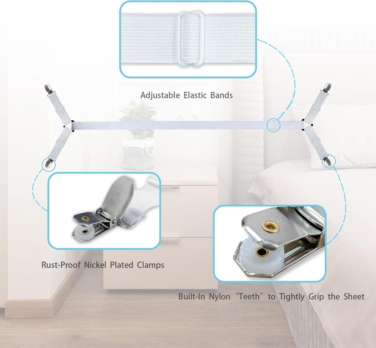 Bed Sheet Straps/Fitted Sheet Holders for Corners - Keep Your Bed Sheets Firm & Tight with Premium Bed Scrunchies, Sheet Clips White-2Pack