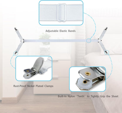 Bed Sheet Straps/Fitted Sheet Holders for Corners - Keep Your Bed Sheets Firm & Tight with Premium Bed Scrunchies, Sheet Clips White-2Pack