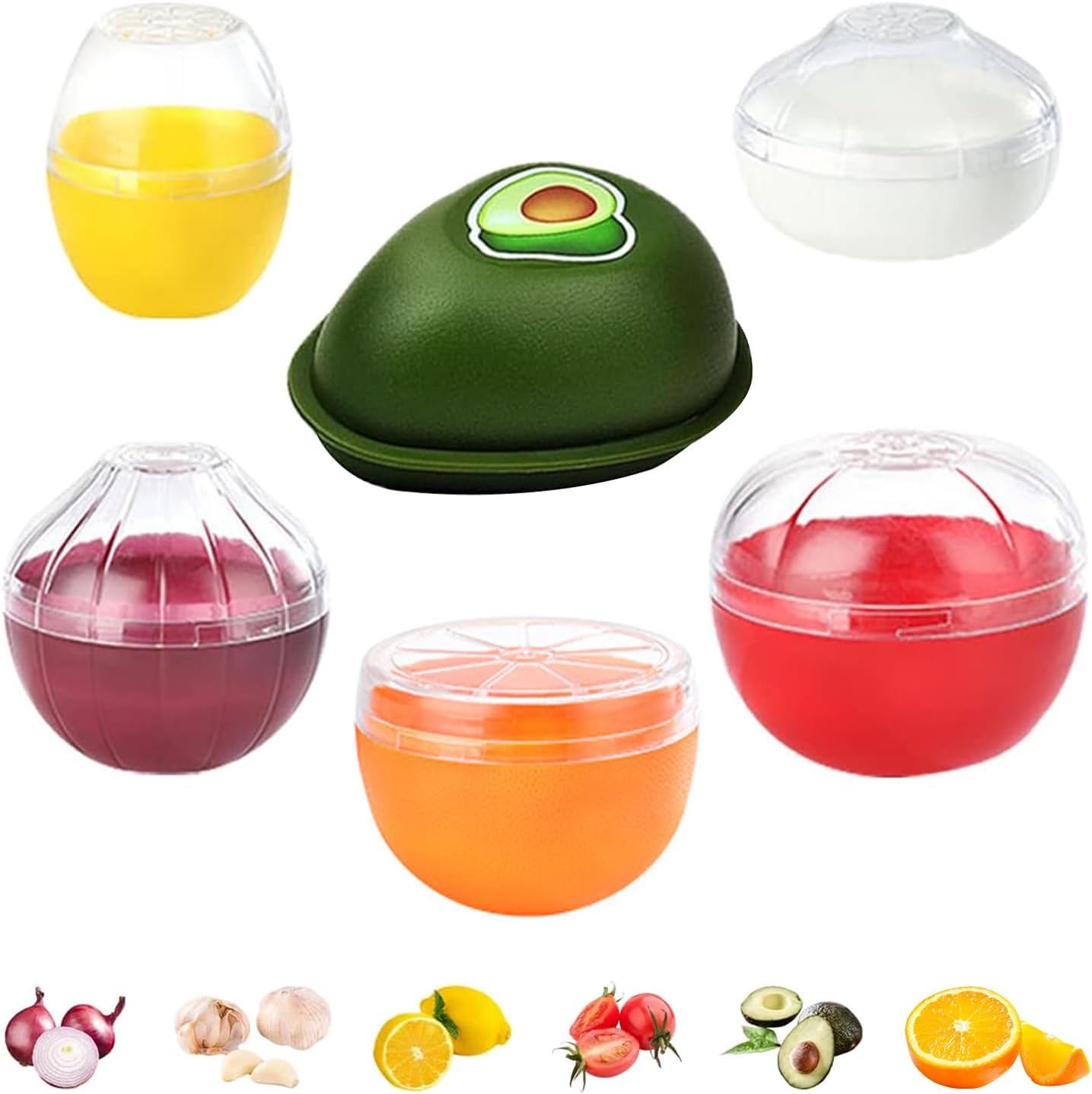 6 PCS Fruit and Vegetable Storage Containers, Reusable Storage Keeper, Lemon Orange Avocado Onion Garlic Tomato Shaped Saver Holder for Fridge, Refrigerator Crisper for Fruit and Vegetable