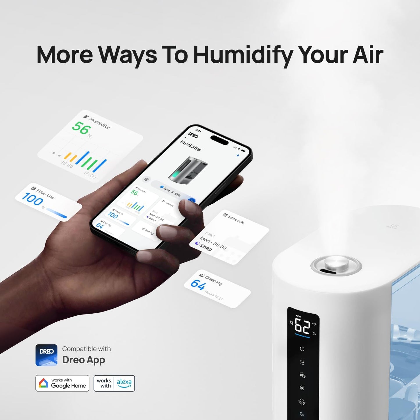 DREO 6L Smart Humidifiers for Bedroom, Warm & Cool Mist for Large Room | 60-Hour Quiet Runtime, 500ML/H Output, Smart Humidity Sensor, Indicator Light, App Control, Works with Alexa & Google, Silver
