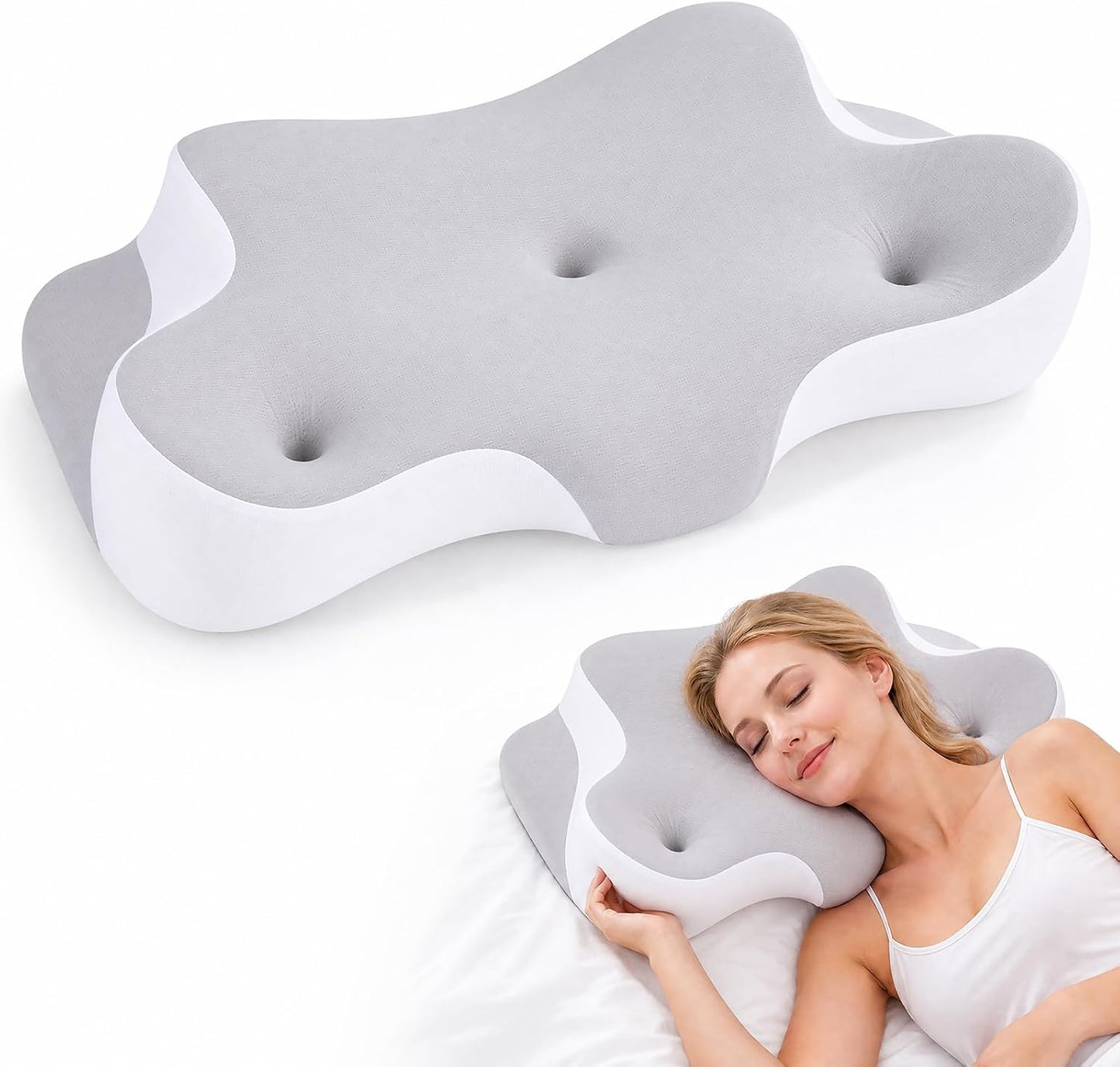 NEWBULIG Cervical Neck Pillow, Ergonomic Contour Memory Foam and Detachable Roll Pillow for Neck Pain Relief Side Back Stomach Sleepers with Cooling Breathable Cover
