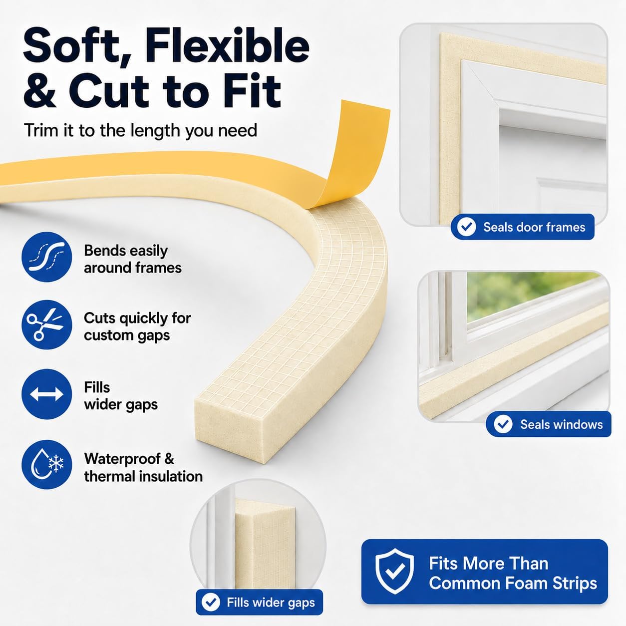 33FT EVA Foam Weather Stripping Door Seal, Self-Adhesive Weatherstrip AC Foam Tape for Door Frame, Window Gaps, Soundproof Insulation