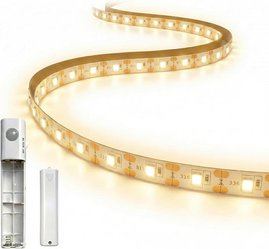 6.5ft Motion Sensor LED Light Strip Battery Powered, Tool-Less Under Cabinet Lighting with Hook and Loop Battery Box, 3 Modes (Always-On/Motion/Off), Warm White 3000K for Gun Safe, Closet, Underbed