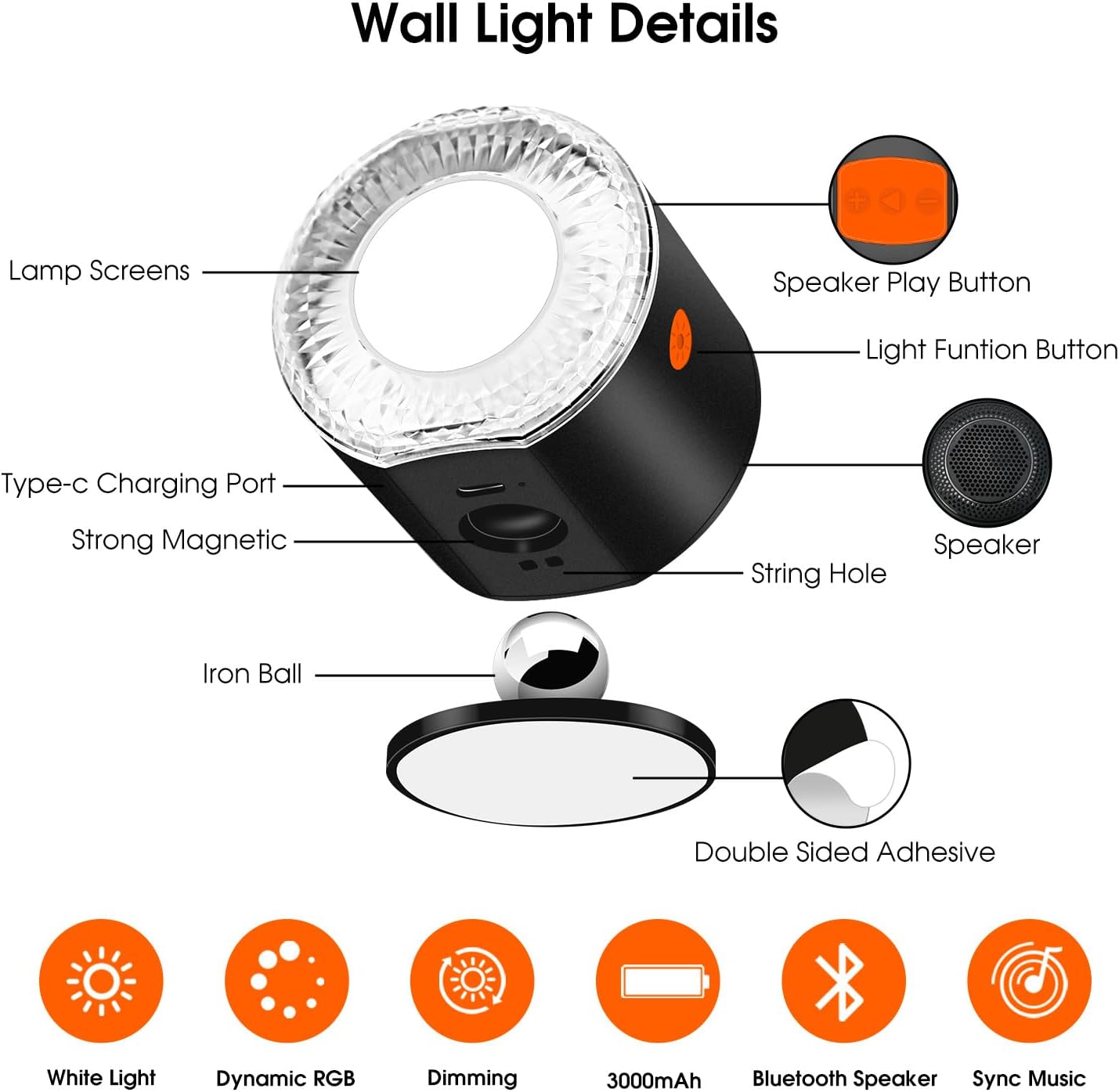 Wall Sconce, Rechargeable RGB Light with Bluetooth Speaker, Dimmable | Battery Operated LED Wall Sconce with Bluetooth Speaker, RGB & White Light, Dimmable Bedside Lamp for Bedroom Mood Light