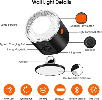 Wall Sconce, Rechargeable RGB Light with Bluetooth Speaker, Dimmable | Battery Operated LED Wall Sconce with Bluetooth Speaker, RGB & White Light, Dimmable Bedside Lamp for Bedroom Mood Light