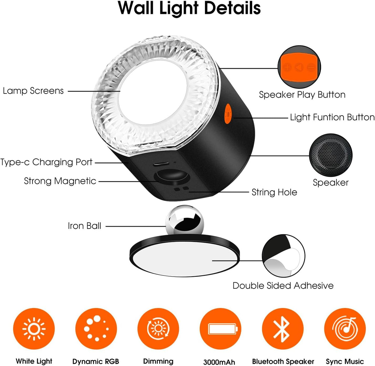 Wall Sconce, Rechargeable RGB Light with Bluetooth Speaker, Dimmable