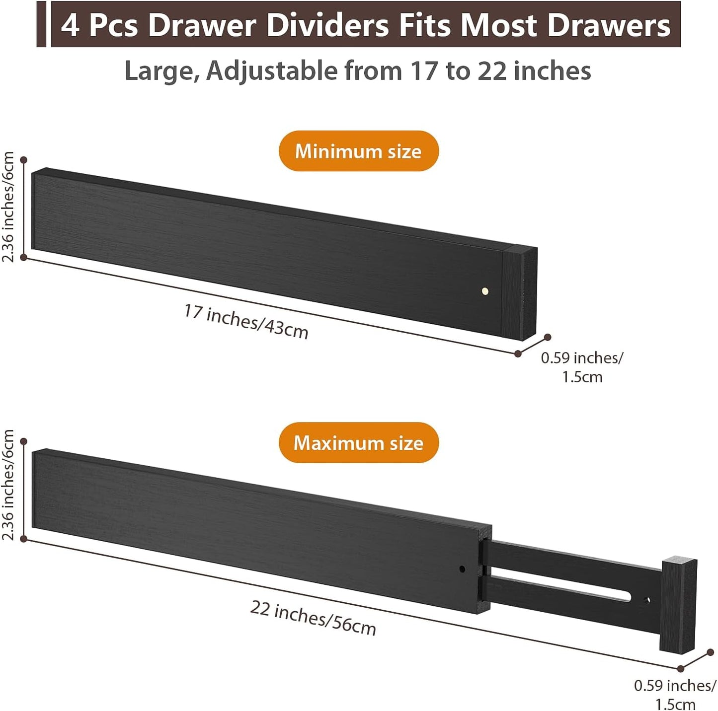 4 PCS Drawer Divider, 17"-22" Adjustable Bamboo Drawer Dividers Organizers, Expandable Separators for Kitchen, Clothes, Dressers, Home, Office
