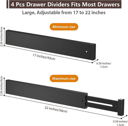 4 PCS Drawer Divider, 17"-22" Adjustable Bamboo Drawer Dividers Organizers, Expandable Separators for Kitchen, Clothes, Dressers, Home, Office