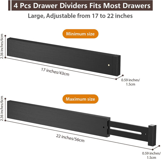 4 PCS Drawer Divider, 17"-22" Adjustable Bamboo Drawer Dividers Organizers, Expandable Separators for Kitchen, Clothes, Dressers, Home, Office