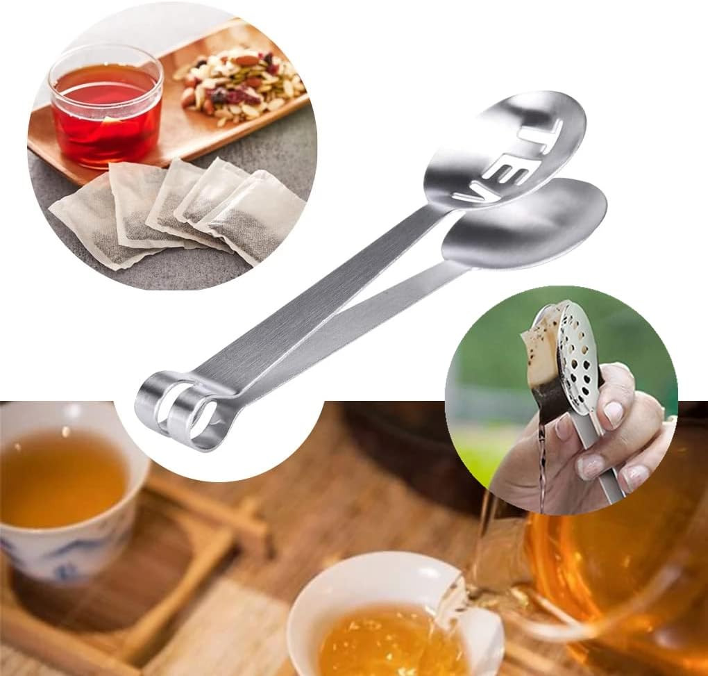 Tea Bag Squeezer, 2PCS Stainless Steel Tea Bag Spoon, Teabag Tong Strainer Holder for Loosing Leaf, Gripping Ice Cube, Sugar (Silver)