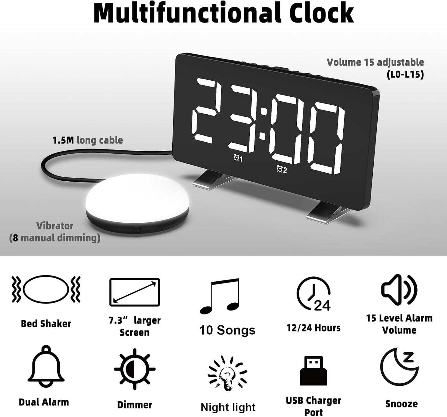 Electronic Vibration Alarm Clock with Super Loud Bed Shaker Memory Function Adjustable Brightness Volume 10 Songs Dual Alarm for Heavy Sleepers Bedroom Desk