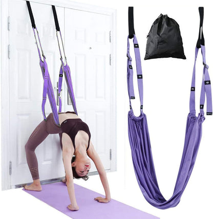 Yoga Stretching Strap, Adjustable Height Leg Stretcher Waist Back Stretch Band Aerial Yoga, Anti-gravity Inversion Exercises Door Flexibility Tensile Trainer for Rehab Pilates Dance Splits (Purple)