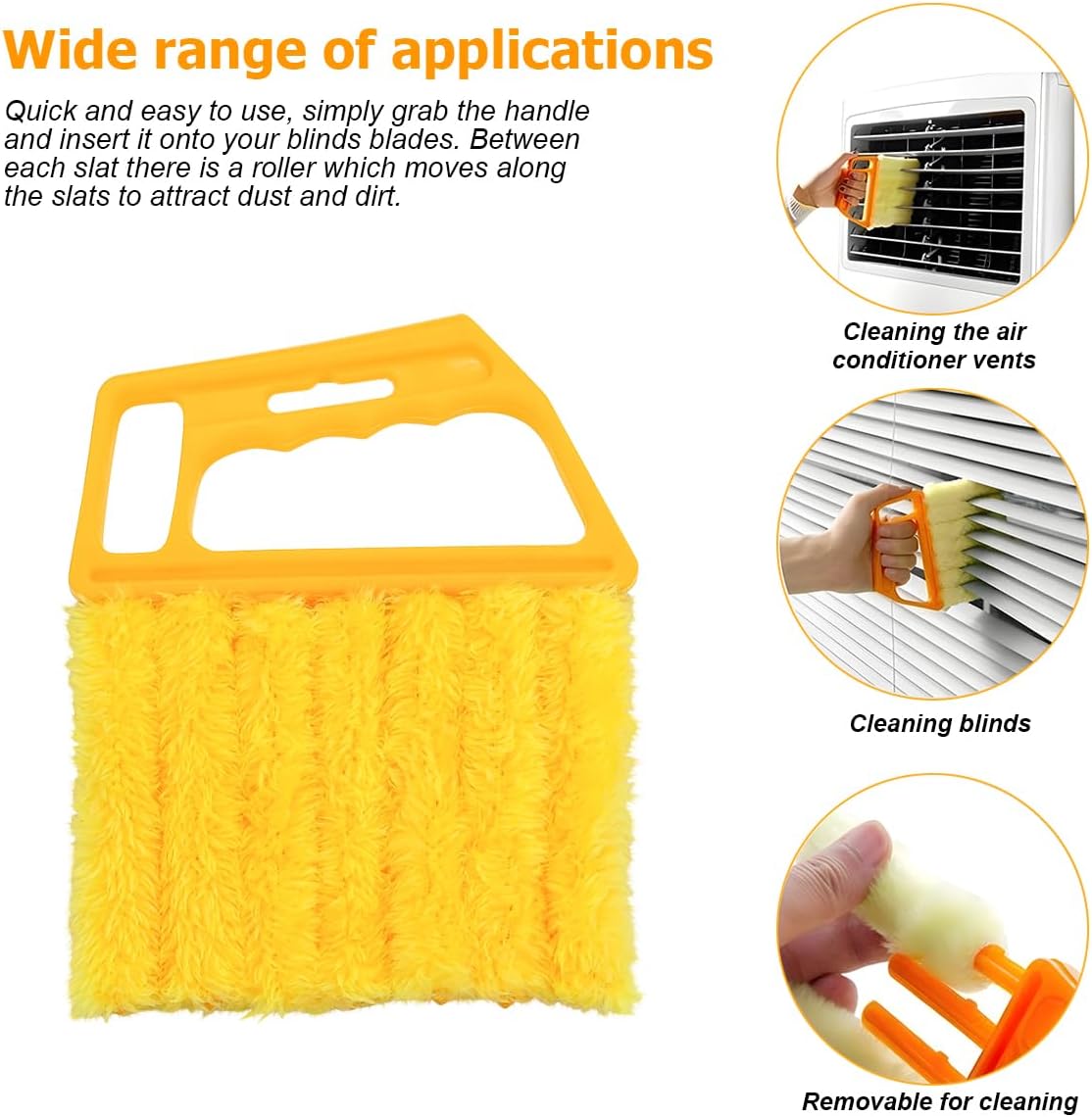 3PCS 6.3 Inch 7-Finger Microfiber Vent Cleaning Brushes, Orange | PP handles, detachable washable cloths, reusable design, reaches narrow grille gaps, automotive cleaning tools