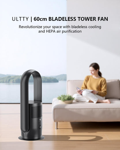 ULTTY Bladeless Tower Fan and Air Purifier Combo, Quiet Oscillating Fan with Remote & Touch Control, 9 Speeds, 8H Timer, HEPA Air Filter, Safe Floor Fan for Bedroom Home Office Black, 23.5"inch