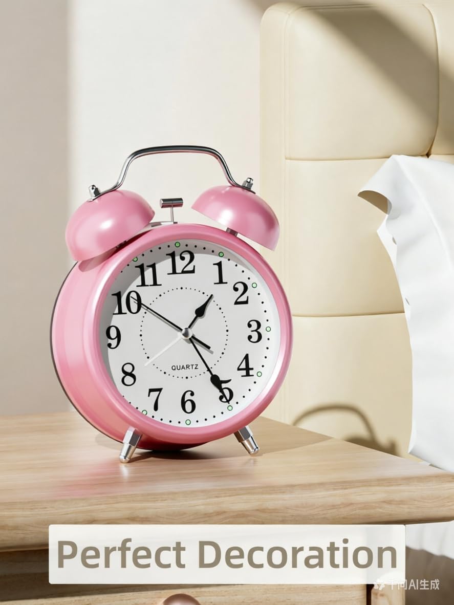 4 Inches Analog Alarm Clocks Retro Backlight Cute Simple Design with Night Light Silent Non-Ticking Battery Operated [Red]