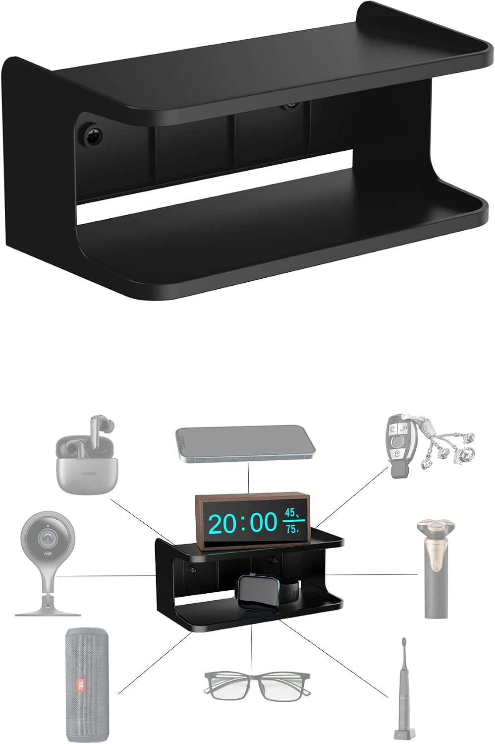 Bedside Wall Shelf Organizer, Small Bedside Shelf, (Black) | Wall Mount for Bed, Stick on Wall Shelf, Double Tray Holder for Storing Cellphone, Glasses, Keys, Camera , Alarm Clock