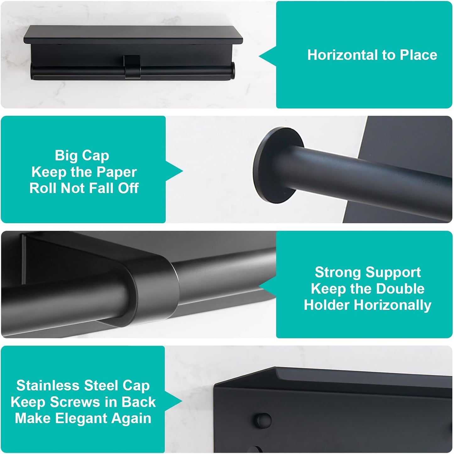 BGL Toilet Paper Holder with Shelf Matte Black, 304 Stainless Steel Wall Mount Toilet Tissue Roll Holder with Double Post for Bathroom, Commercial Toilet Paper Dispenser with Phone Shelf