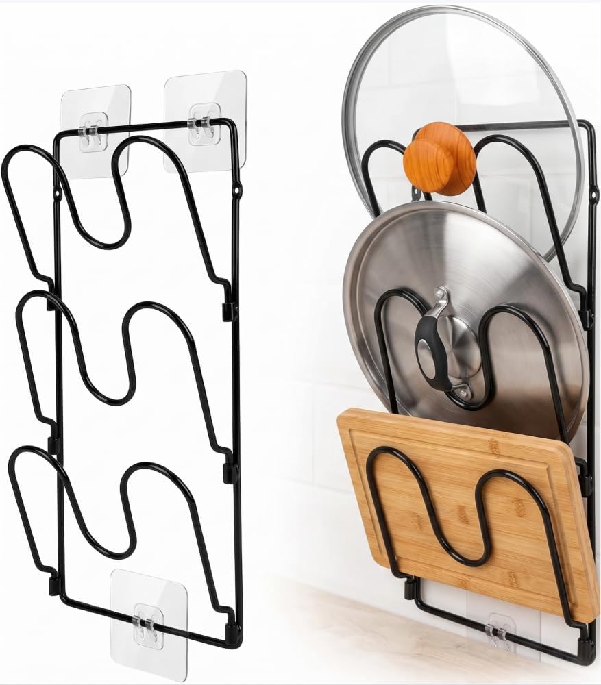 2 Pack Pot Lid Organizer Rack for Cabinet Door/Wall, 6-Tier Pot Lid Holders inside Cabinet Door, No Drilling Adhesive Wall/Door Mounted Rustproof Pots and Pans Lid Organizers for Kitchen Storage Black