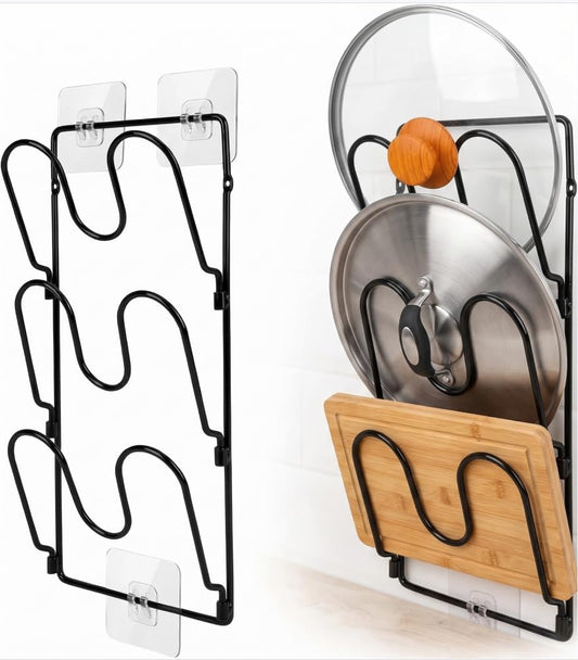 2 Pack Pot Lid Organizer Rack for Cabinet Door/Wall, 6-Tier Pot Lid Holders inside Cabinet Door, No Drilling Adhesive Wall/Door Mounted Rustproof Pots and Pans Lid Organizers for Kitchen Storage Black