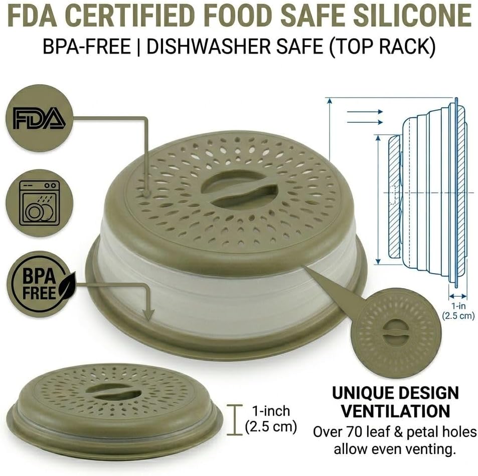 Microwave Splatter Cover for Food – Collapsible, Heat Resistant Vented Lid with Easy-Grip Handle, PP+TPR Plastic, Dishwasher Safe Kitchen Gadget, Green