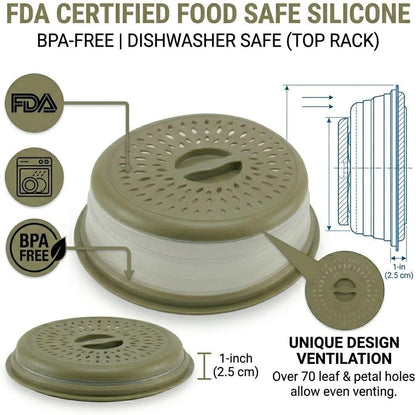 Microwave Splatter Cover for Food – Collapsible, Heat Resistant Vented Lid with Easy-Grip Handle, PP+TPR Plastic, Dishwasher Safe Kitchen Gadget, Green