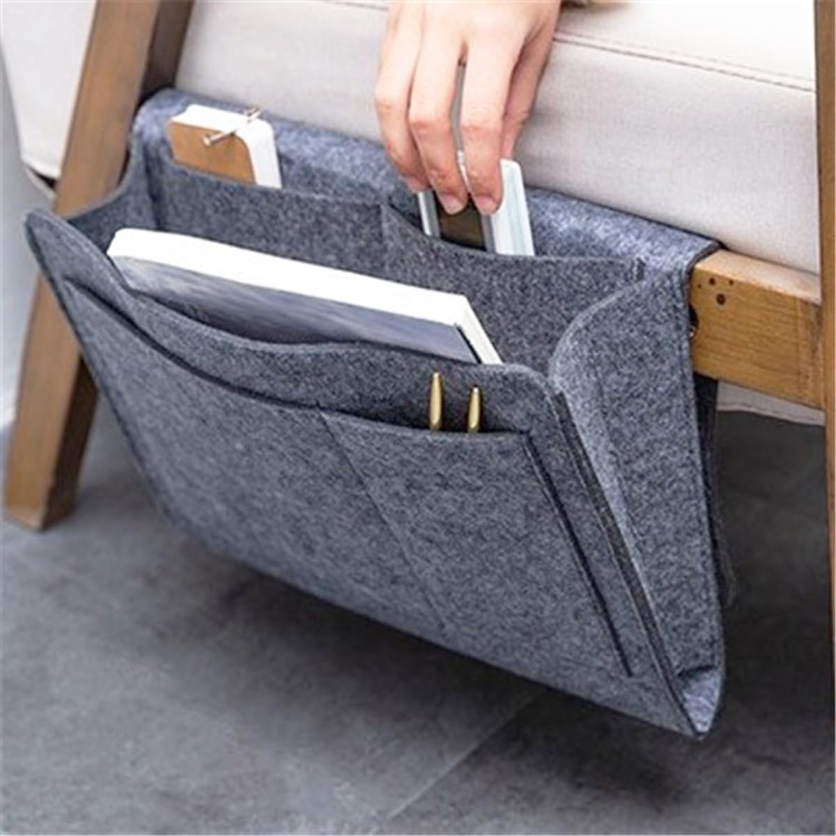 Bringsine 5 Pockets Bedside Caddy, Felt Bed Storage Organizer Hanging Bag Holder for Magazine Book Phone Tablet iPad Cables Remote and Glasses Holder Home Dorm Bed Sofa-Black