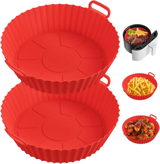 ME.FAN Air Fryer Silicone Liners for 4 to 7 QT [2 Pack] Reusable Air Fryer Basket with Handles & Holes Red