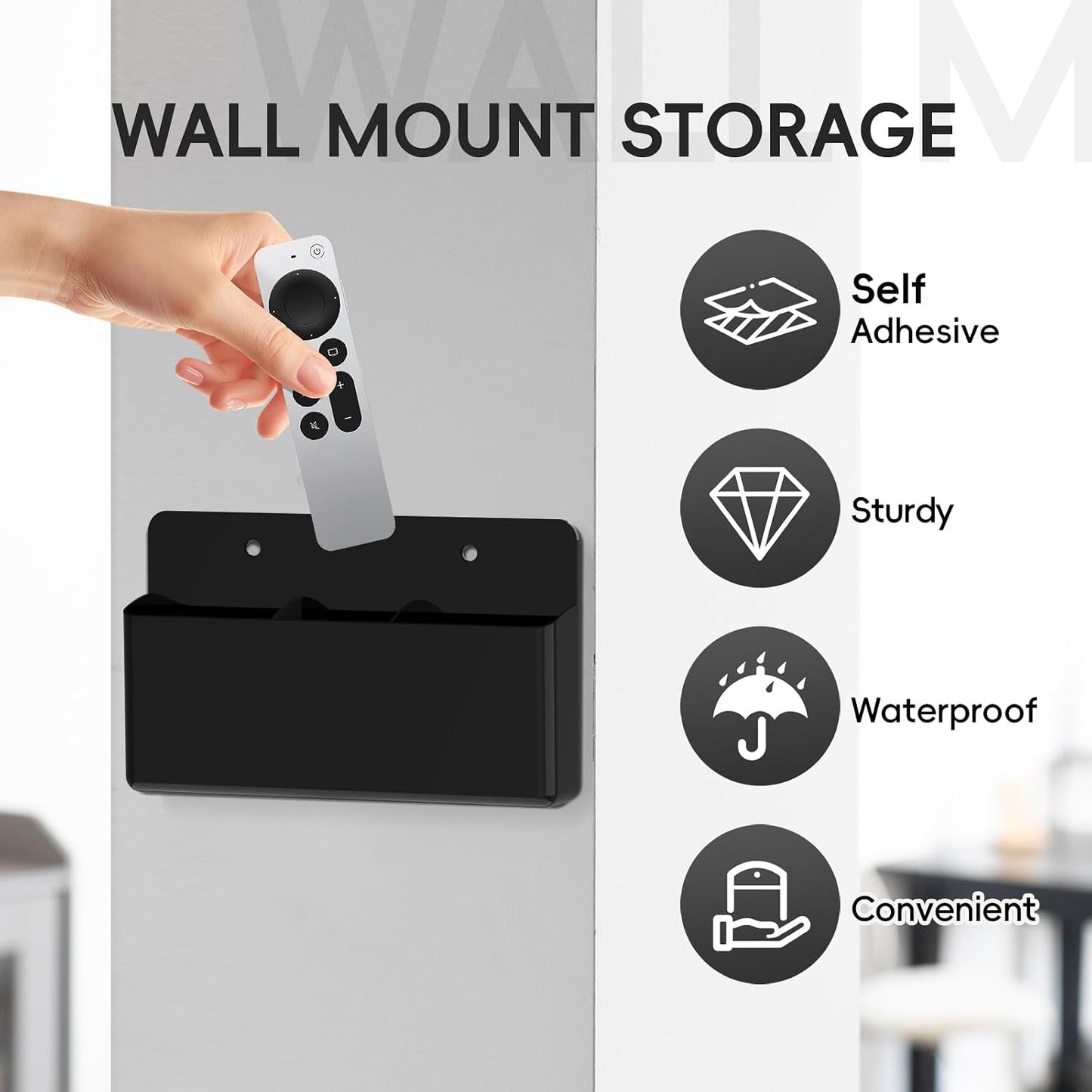 DRQ 2-Pack Remote Control Holder, Adhesive Wall-Mount Remote Holder, Black | TV controller organizer doubles as a wall pen holder for desk accessories and small-item storage at home, office, or school.