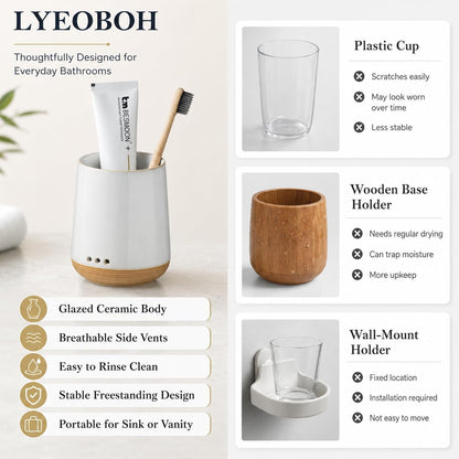 LYEOBOH Ceramic Toothbrush Cup, Cute Toothbrush Holder with Drainage White | Farmhouse Toothbrush Container, Countertop Toothbrush Organizer, Toothbrush Storage for Bathroom Vanity & Countertop