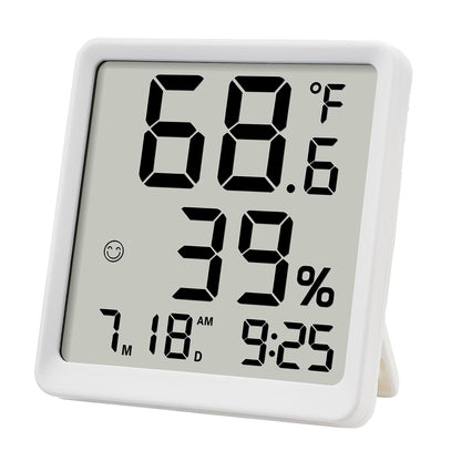 Room Hygrometer Indoor Thermometer for Home, Black | Small Digital Temperature Humidity, Comfort Indicator, Digital Clock & Calendar, Desktop Humidity Meter, Compact Size
