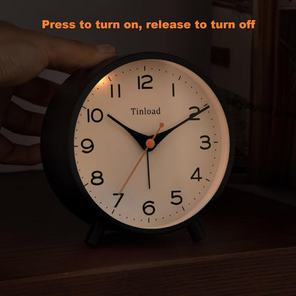 Tinload 4.5" Battery Operated Analog Alarm Clock, Small Silent Bedside Desk Clock with Night Light, Blue