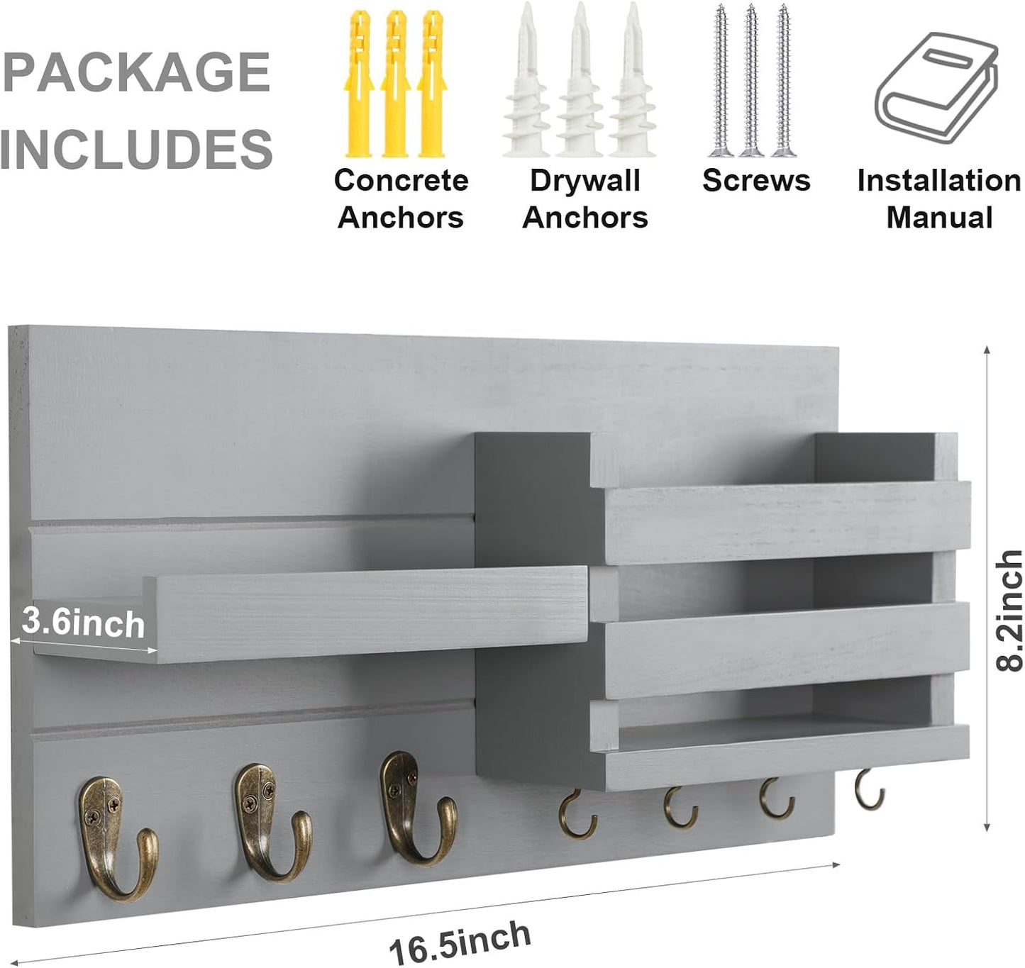Lwenki Mail Organizer for Wall Mount – Key Holder with Shelf Includes Letter Holder and Hooks for Coats, Dog Leashes – Rustic Wood with Flush Mounting Hardware (16.5” x 8.7” x 3.5”)