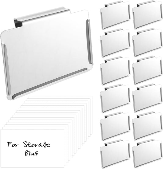 12 Pack Basket Labels Clip On, Stainless Labels for Storage Bins Basket Tags for Kitchen Pantry Labeling Organization Storage, with White Blank Cards