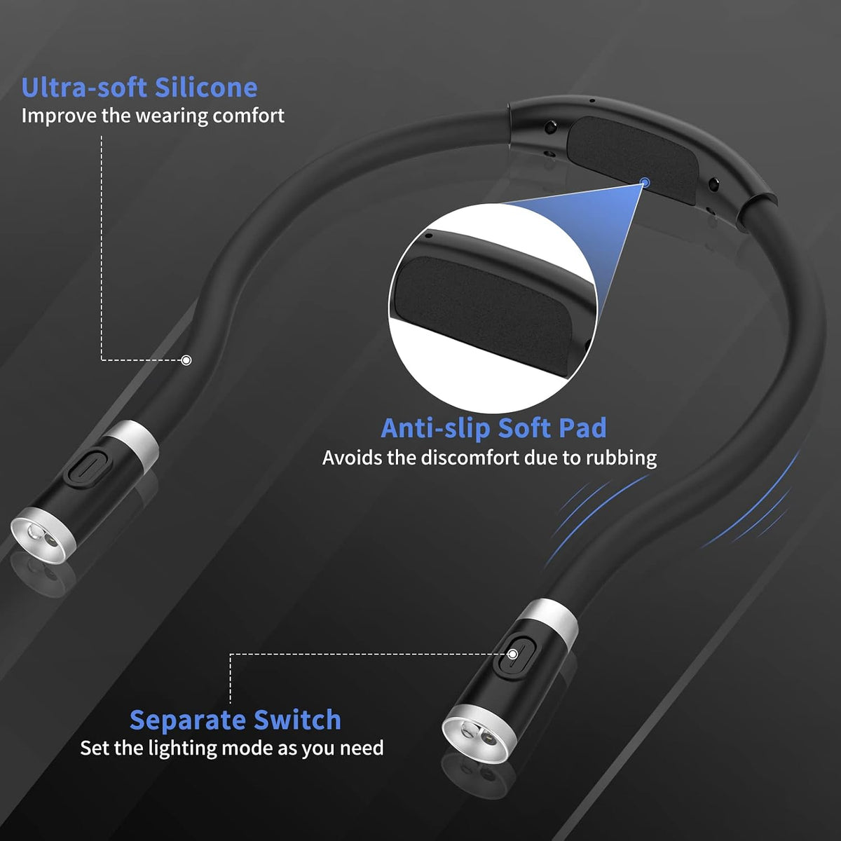 LEDGLE Neck Book Light for Reading Rechargeable,Long Arm,6 Brightness-Black