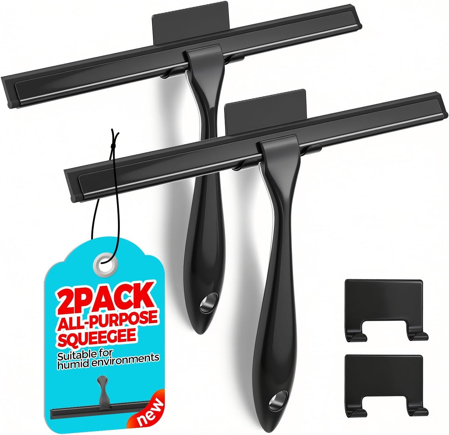 2pcs Shower Squeegee for Glass Doors with Adhesive Hanging Hook Set | 10” Silver, Bathroom Accessories, Window Cleaner, New Home Essentials, Soft Rubber Blade, Metal Handle, Ergonomic Grip