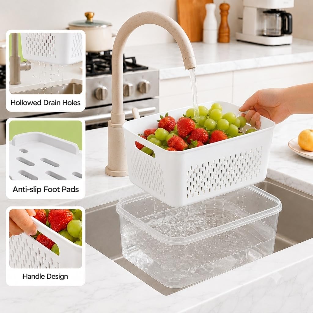 Fruit Storage Containers for Fridge with Lids, Fridge Organizers and Storage Produce Saver Box with Removable Drain Basket for Fruit Berry Salad Vegetable Meat, 380ml to 3150ml (4 Pack)