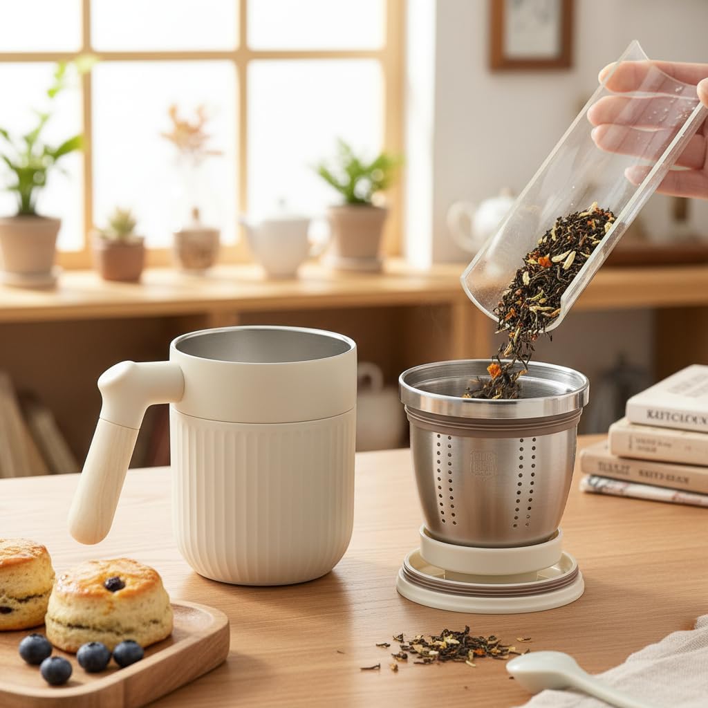 Tea Infuser Cup Doubles As Insulated Coffee Mug, Tea Cup With Lid And Handles, Removable Stainless Steel Tea Strainers For Loose Tea (Black)