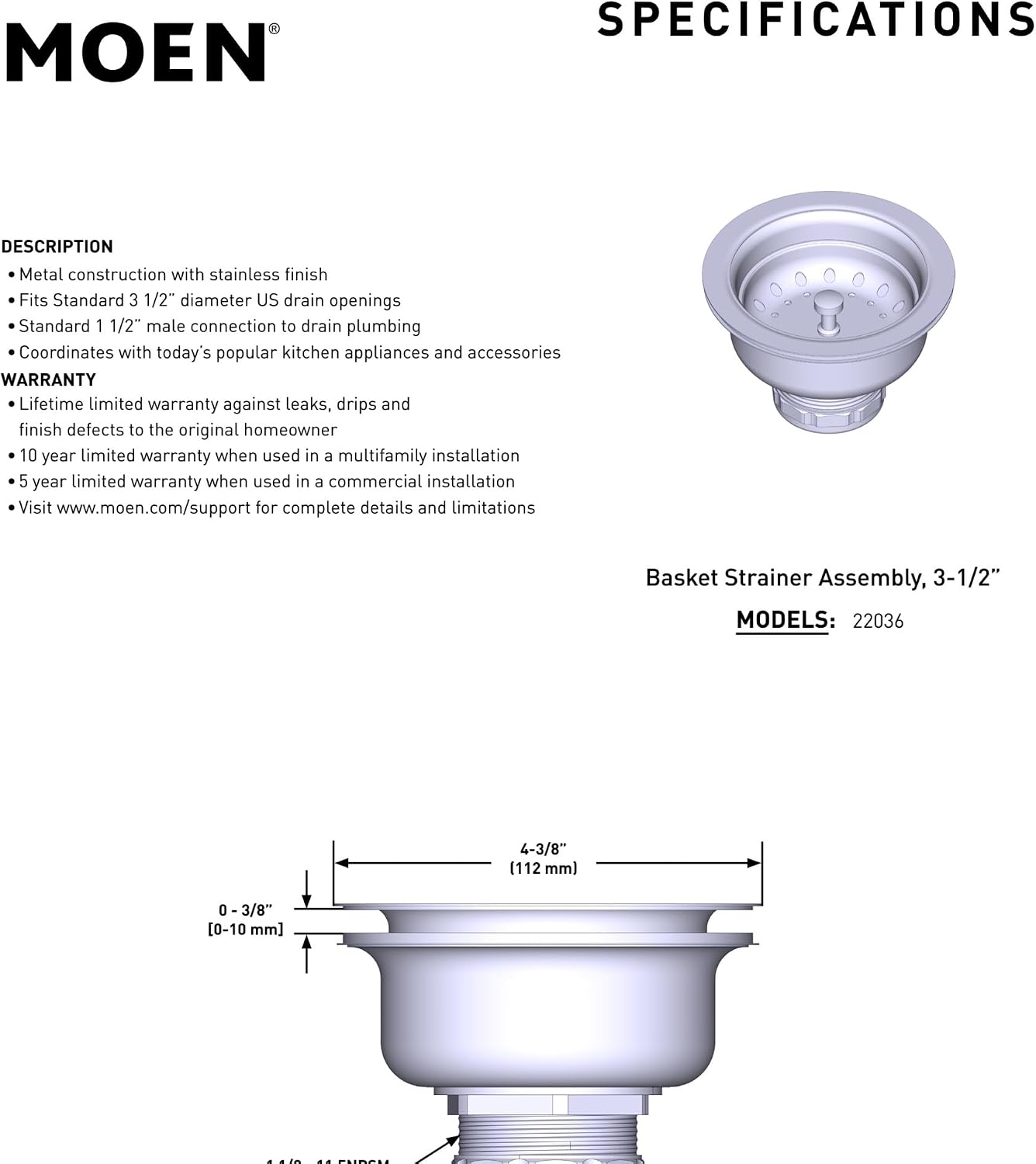 Moen Kitchen Sink Strainer Basket with Drain Assembly, Stainless Steel, 22036