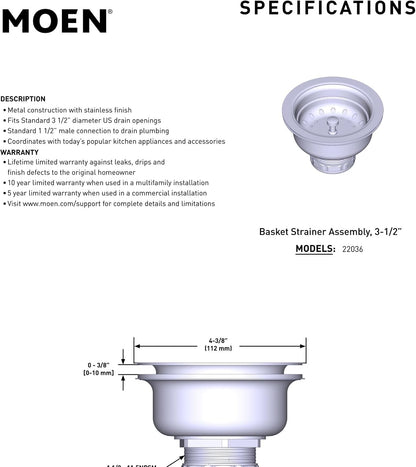 Moen Kitchen Sink Strainer Basket with Drain Assembly, Stainless Steel, 22036