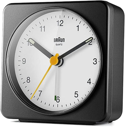 Braun Classic Analogue Alarm Clock with Snooze and Light, Quiet Quartz Sweeping Movement, Crescendo Beep Alarm in White, Model BC03W.