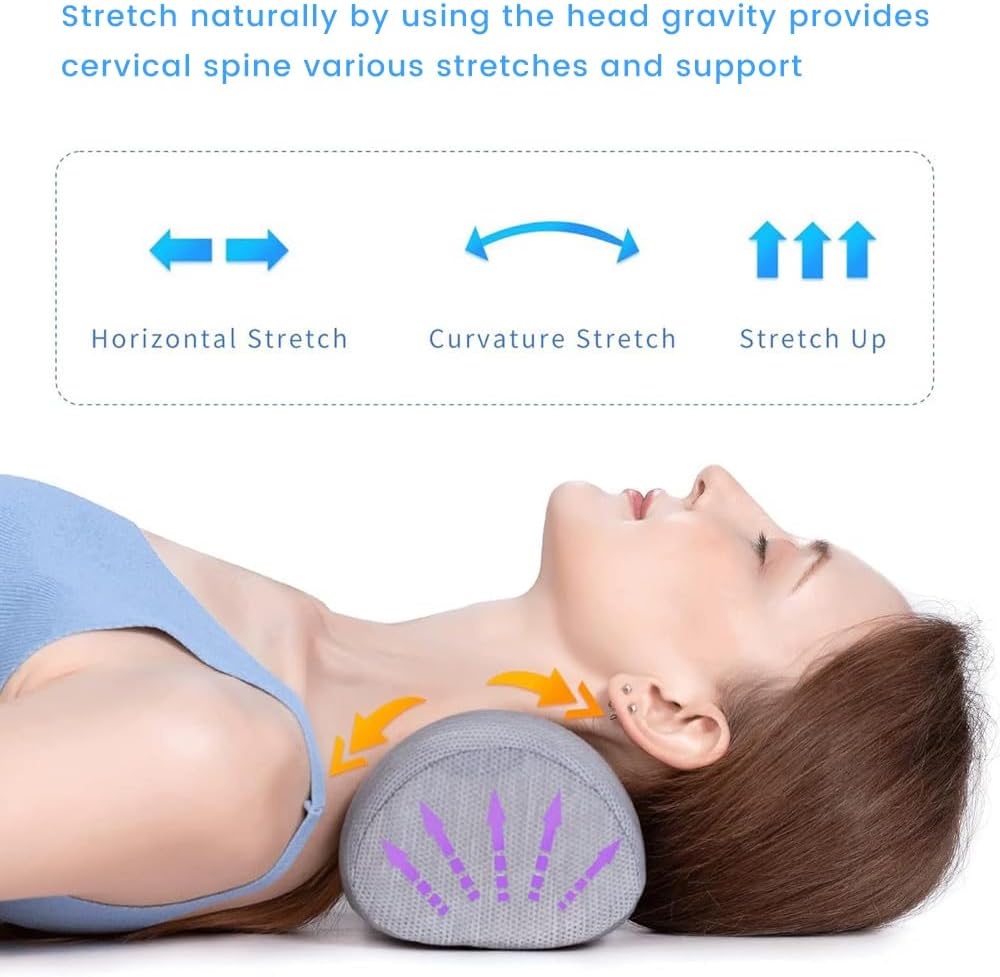 Cervical Neck Roll Traction Pillow ,Neck Shoulder Muscle Relaxer ,Cervical Spine Alignment & Tension Relief & No More Neck Pain &Breathable Pillowcase, Memory Foam, for Bed, Legs, Back and Yoga ﻿