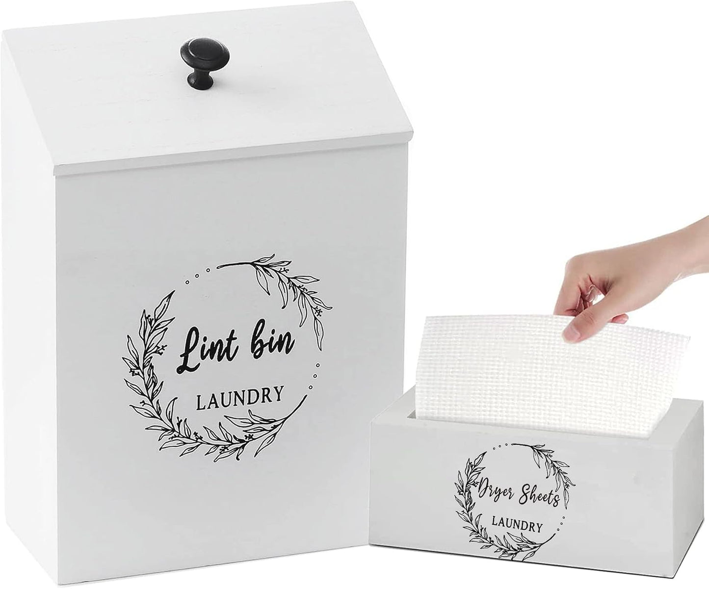 Magnetic Lint Bin and Dryer Sheet Holder Set for Laundry Room, Farmhouse Wooden Lint Trash Can with Lid and Dryer Sheet Dispenser Box Magnetic for Mounting on Dryer,Stylish Laundry Room Organiz(Black)