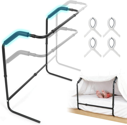 Blanket Lifter for Feet Under Mattress–Height Width Adjustable Bed Cradle Sheet Support, Extra-wide Foot Tent Keep Blankets Off Feet for Post Surgery Recovery Neuropathy Arthritis, 4 Clips Included