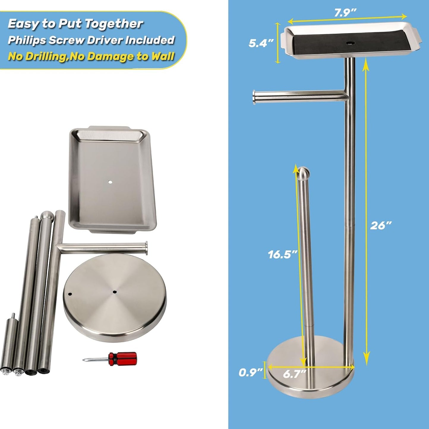 Exilon Toilet Paper Holder Stand for Bathroom Floor Freestanding Toilet Roll Dispenser Storages 4 Reserve Rolls, with Top Storage Shelf for Cell Phone (Brushed Nickel)